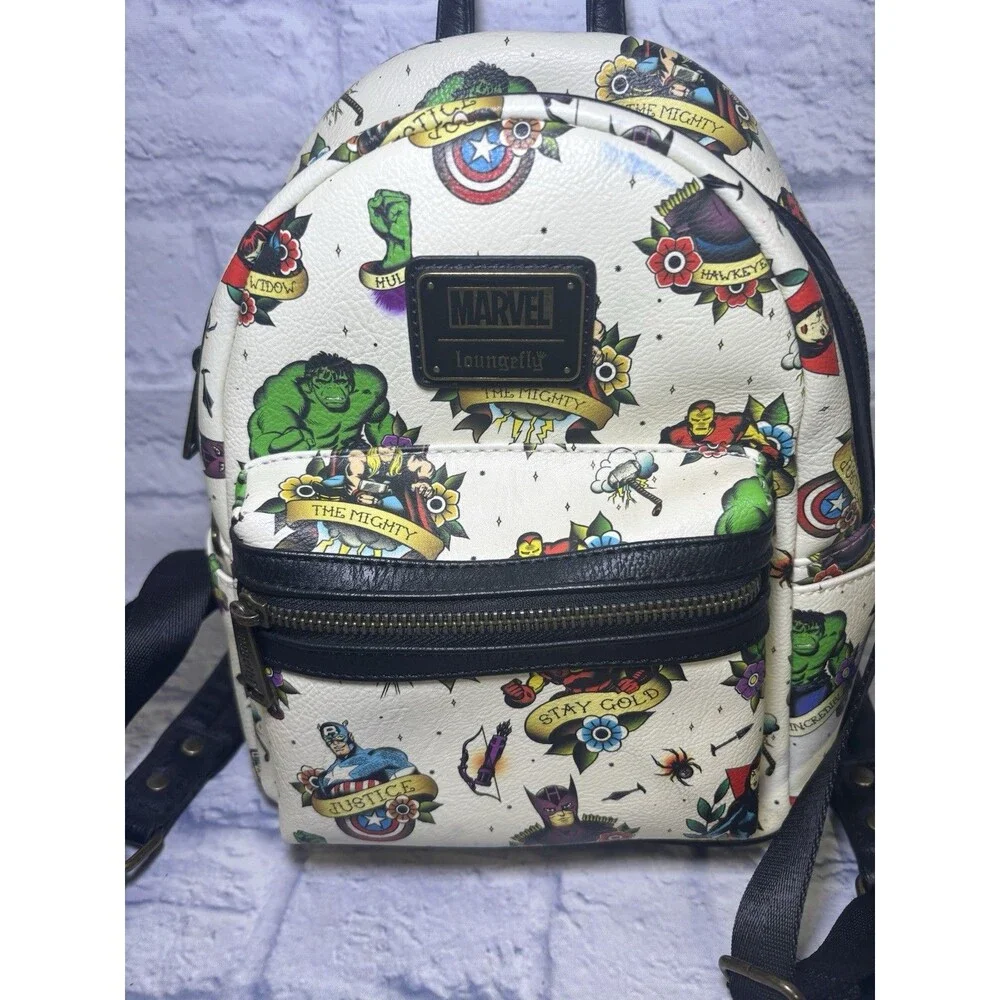 LOUNGEFLY Marvel Avengers Flash Tattoo Comic Mini Backpack Capt America Iron Man